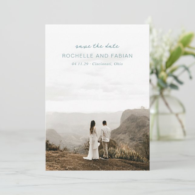 Simple Muted Blue Photo Elegant Wedding Save The Date (Standing Front)
