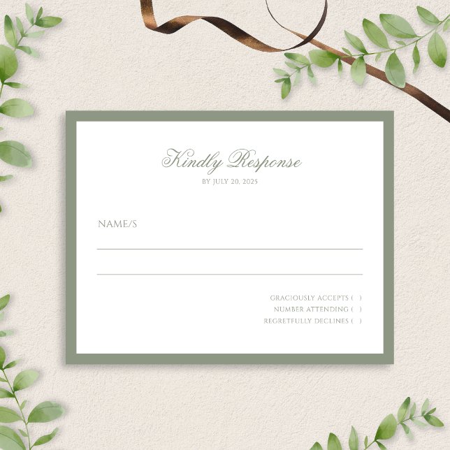 Simple Muted Sage Green Border Script Wedding  RSVP Card (Creator Uploaded)