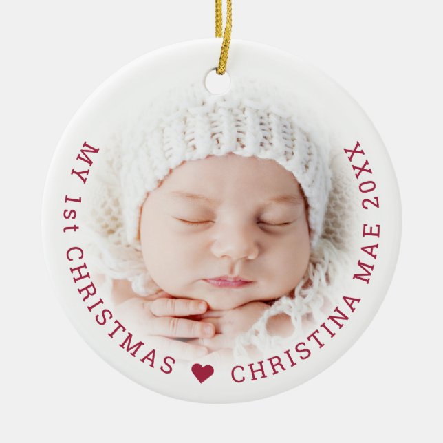 Simple My 1st Christmas Red Script Joy Photo Ceramic Ornament (Front)