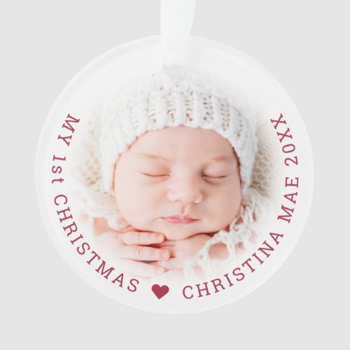 Simple My 1st Christmas Red Script Joy Photo Ornament