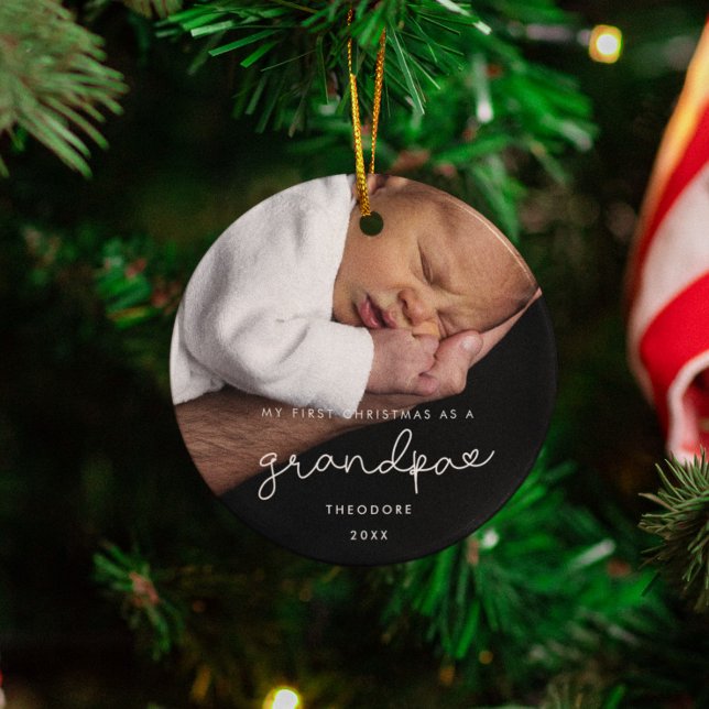 Simple My First Christmas as a Grandpa Photo Ceramic Ornament (Creator Uploaded)