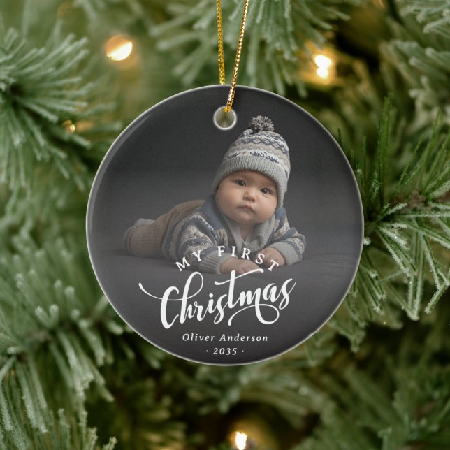 Simple My First Christmas Calligraphy Script Photo Ceramic Ornament (Tree)