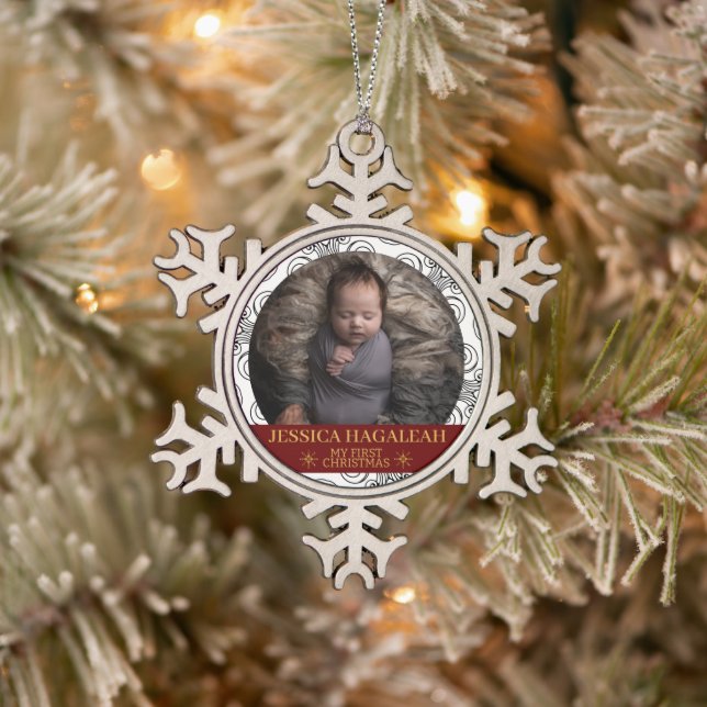 Simple My First Christmas Personalized Baby Photo Snowflake Pewter Christmas Ornament (Tree)