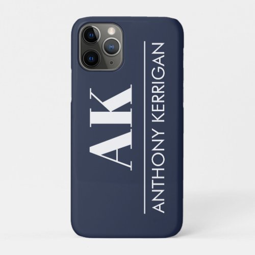 Simple Name and Initials Navy Blue and White iPhone 11 Pro Case
