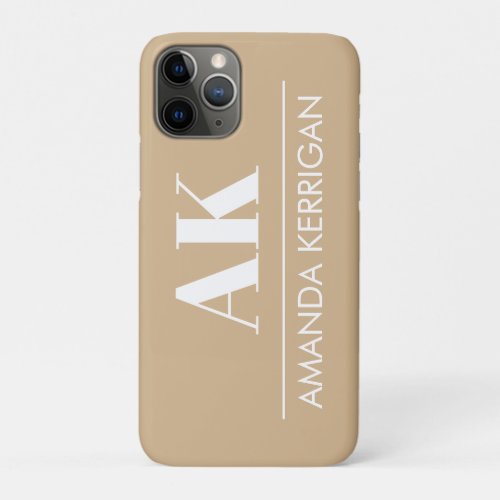 Simple Name and Initials Tan and White iPhone 11 Pro Case