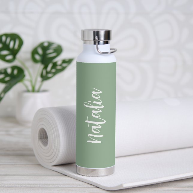 Simple Name Elegant Script Sage Green Modern Water Bottle (Yoga)