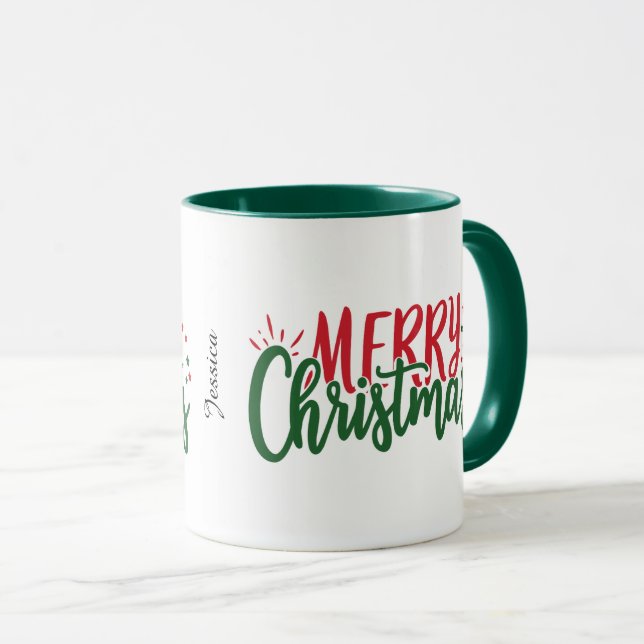 Simple Name Merry Christmas Red and Green Mug (Front Right)