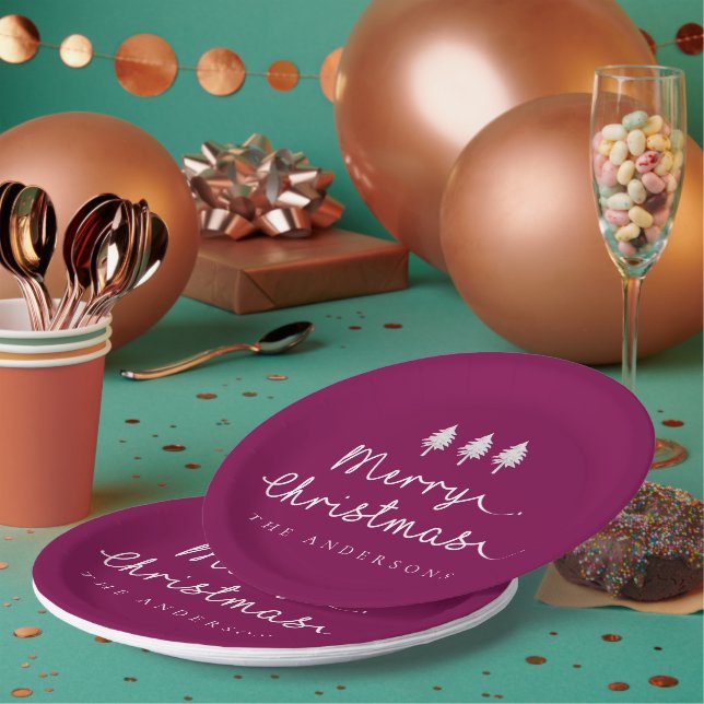 Simple Name Minimalist Merry Christmas Party Paper Plates (Multi)