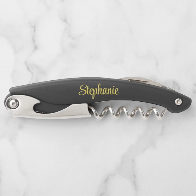 Simple Name Monogram Black Custom Waiter's Corkscrew (Front)