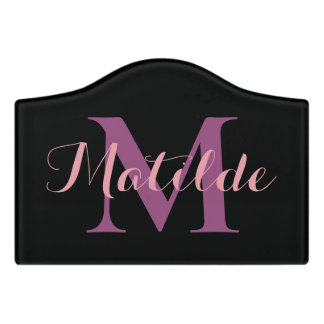 Simple Name Monogram Pink Purple Girly Black Door Sign