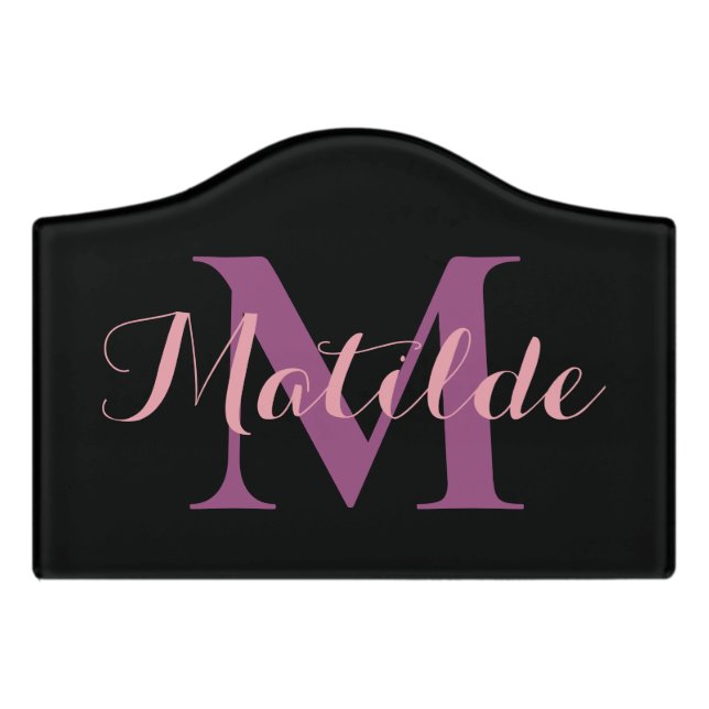 Simple Name Monogram Pink Purple Girly Black  Door Sign (Small Crest Front)