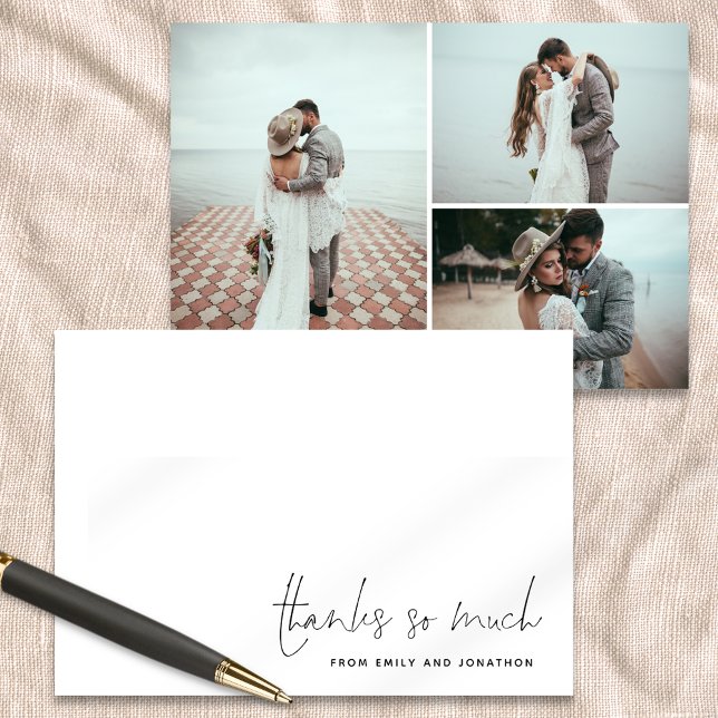 Simple Name Script 3 Photo Wedding Thank You  Note Card (Front and back view)