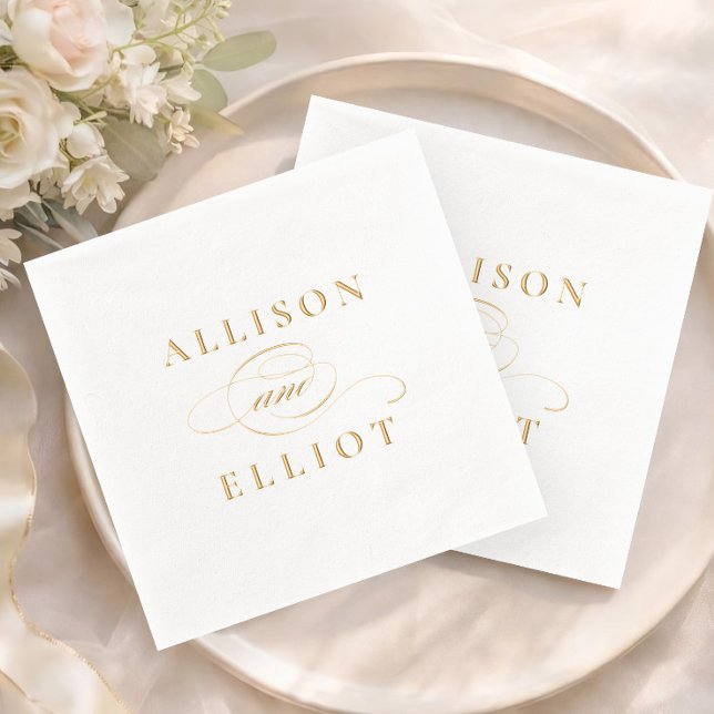 Simple Names Calligraphy Wedding Foil Napkins (Elegant script simple typography wedding real foil napkins.)