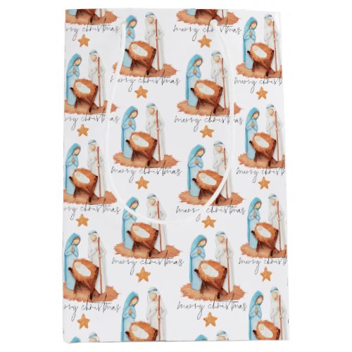 Simple Nativity Pattern Script Merry Christmas Medium Gift Bag