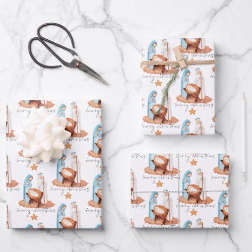 Simple Nativity Pattern Script Merry Christmas Wrapping Paper Sheets