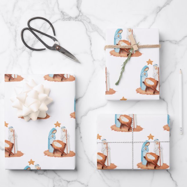 Simple Nativity Scene Mary Joseph Jesus Christmas Wrapping Paper Sheets (Front)
