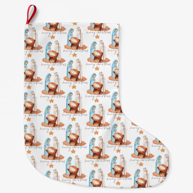 Simple Nativity Scene Script Merry Christmas Large Christmas Stocking (Front)