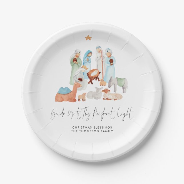 Simple Nativity Scene Three Kings Lyric Name Paper Plates (Front)
