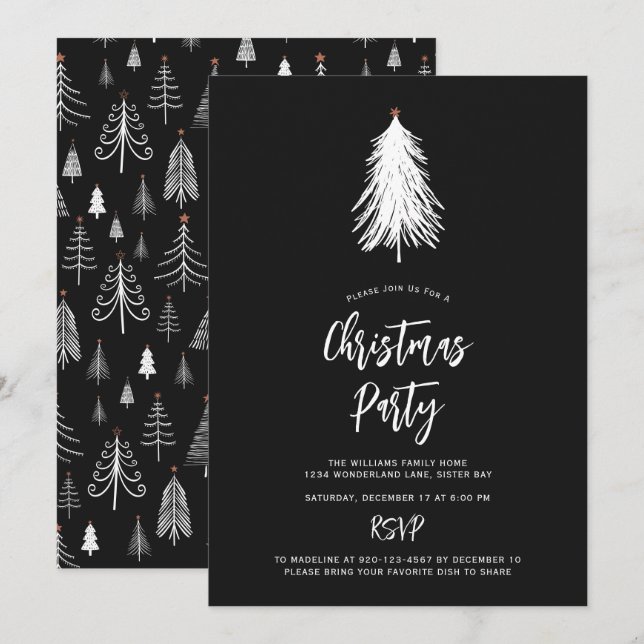 Simple Nature Black White Christmas Tree Party Invitation (Front/Back)