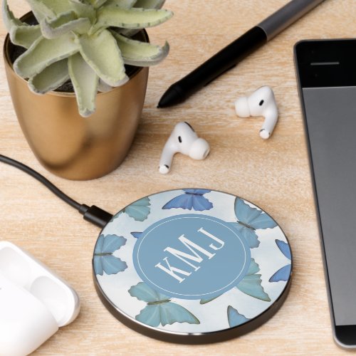 Simple Nature Botanical Blue Butterfly Monogram Wireless Charger