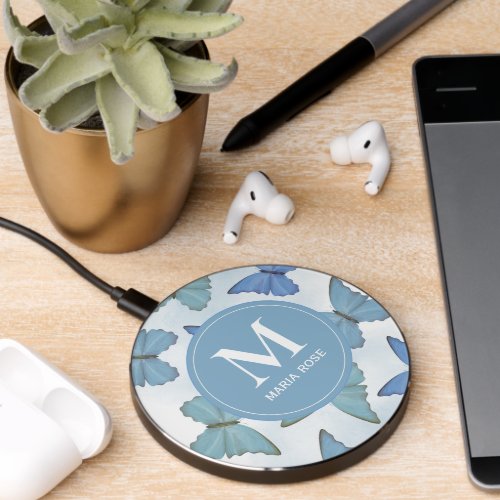 Simple Nature Botanical Blue Butterfly Monogram Wireless Charger