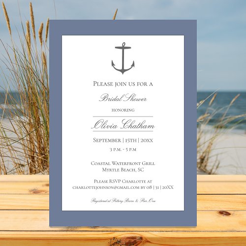 Simple Nautical Anchor Bridal Shower  Dusty Blue Invitation