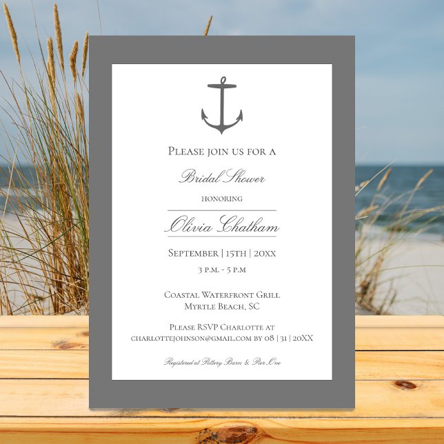 Simple Nautical Anchor Bridal Shower | Gray Invitation (Gray Simple Nautical Anchor Bridal Shower Invitation)
