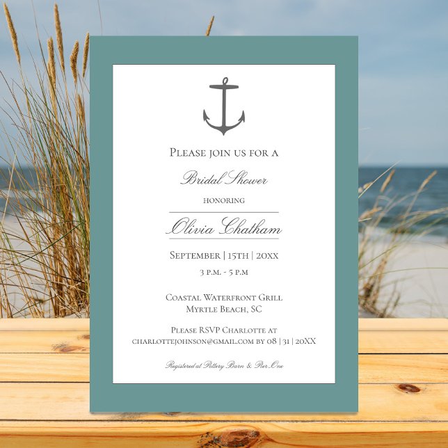 Simple Nautical Anchor Bridal Shower | Teal Invitation (Teal Simple Nautical Anchor Bridal Shower Invitation)