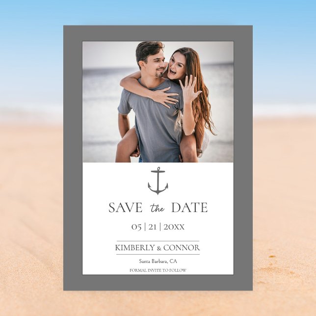 Simple Nautical Anchor Photo Save the Date | Gray (Gray Simple Nautical Anchor Photo Save the Date)