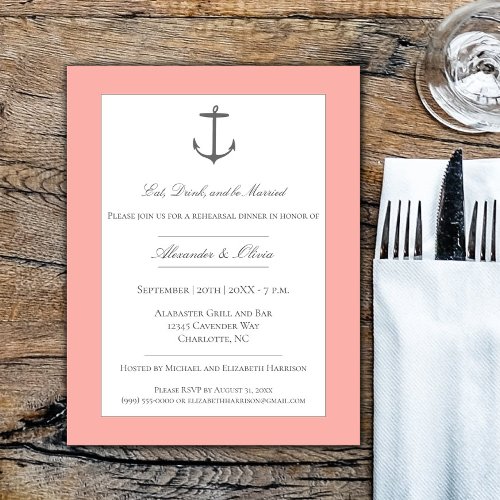 Simple Nautical Anchor Rehearsal Dinner  Coral Invitation