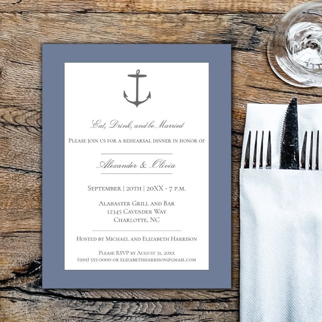 Simple Nautical Anchor Rehearsal Dinner Dusty Blue Invitation (Dusty Blue Simple Nautical Anchor Rehearsal Dinner Invitation)