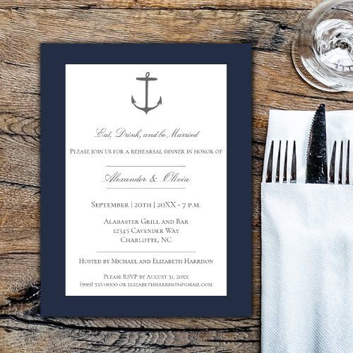 Simple Nautical Anchor Rehearsal Dinner  Navy Invitation