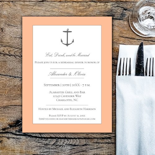 Simple Nautical Anchor Rehearsal Dinner Peach Fuzz Invitation