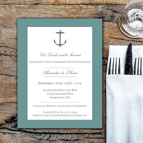 Simple Nautical Anchor Rehearsal Dinner  Teal Invitation