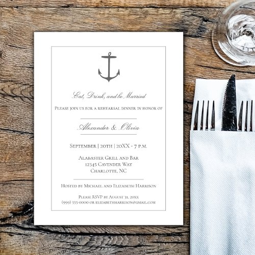 Simple Nautical Anchor Rehearsal Dinner  White Invitation