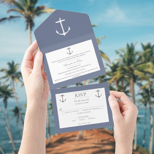Simple Nautical Anchor Wedding  Dusty Blue All In One Invitation