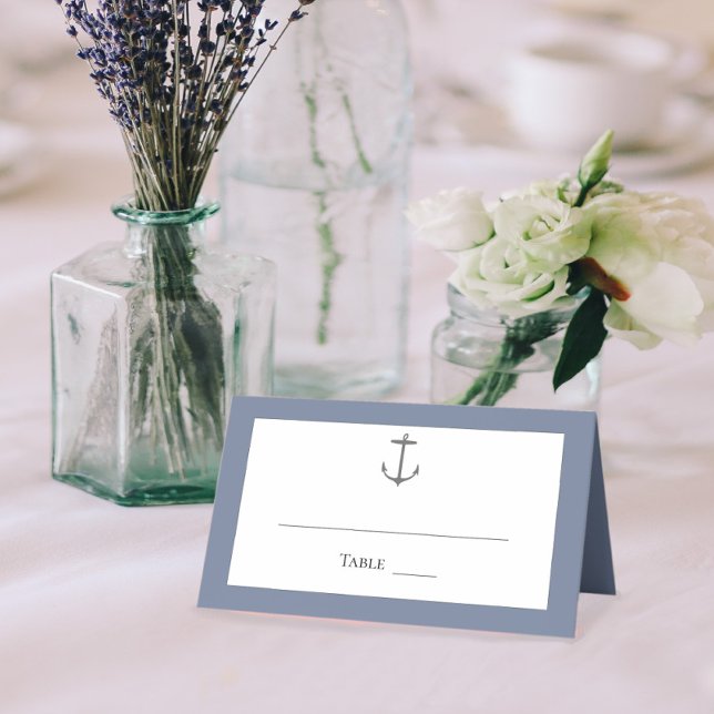 Simple Nautical Anchor Wedding | Dusty Blue Place Card (Dusty Blue Simple Nautical Anchor Wedding Place Card)