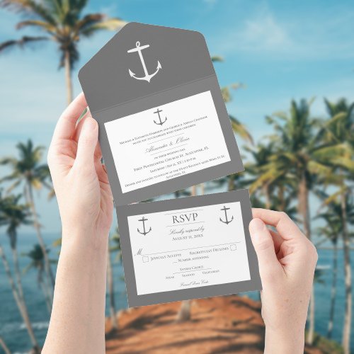 Simple Nautical Anchor Wedding  Gray All In One Invitation