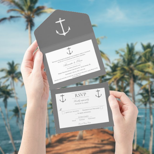 Simple Nautical Anchor Wedding | Gray All In One Invitation (Gray Nautical Anchor Wedding All in One Invitation)