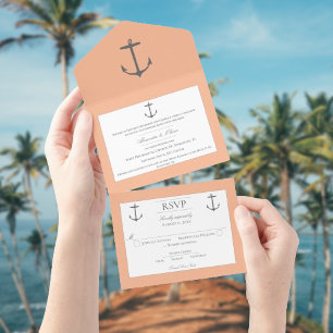 Simple Nautical Anchor Wedding   Peach All In One Invitation