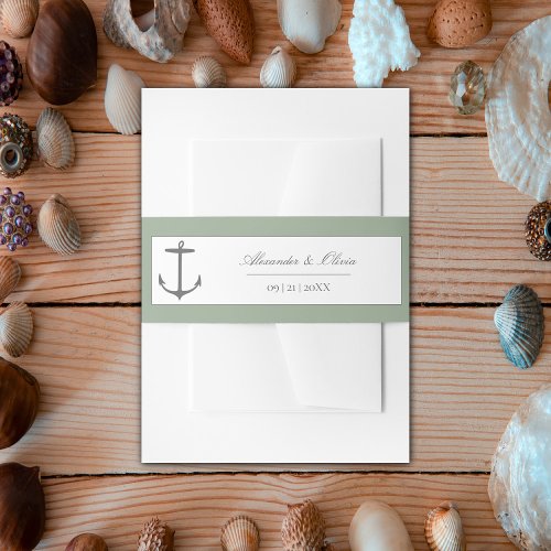 Simple Nautical Anchor Wedding  Sage Green Invitation Belly Band