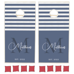 Simple Nautical Blue White Stripes Script Monogram Cornhole Set