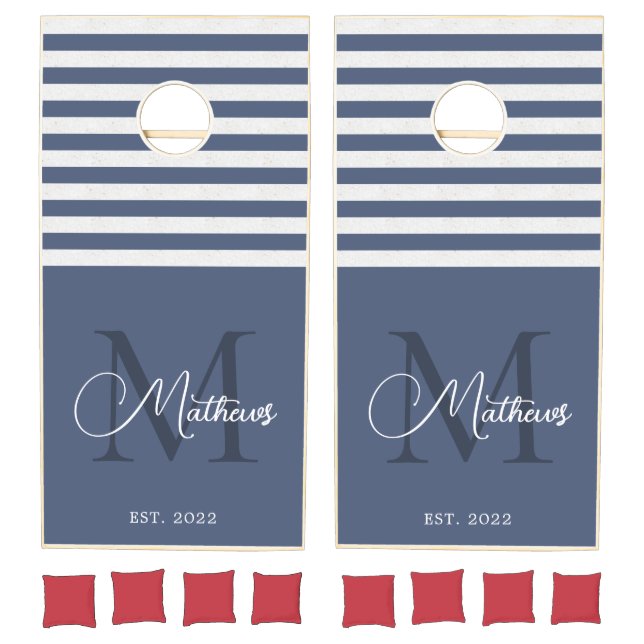 Simple Nautical Blue White Stripes Script Monogram Cornhole Set (Set)