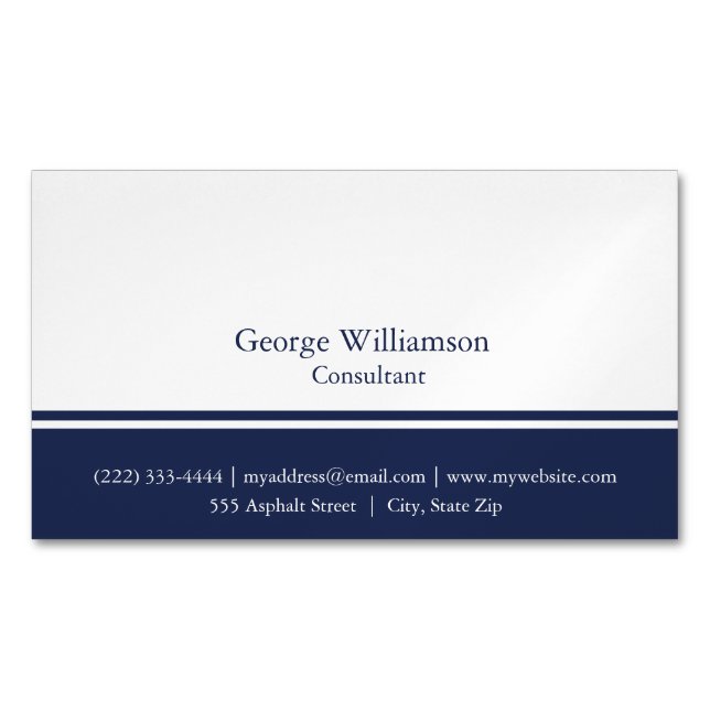 Simple Nautical Navy Blue and White Business Card Magnet (Front)
