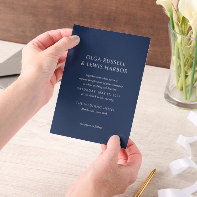 Simple Navy and Cream Modern Wedding Vellum Invitations (Handheld)