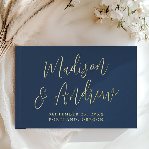 Simple Navy and Gold Foil Script Photo Wedding Foil Guest Book