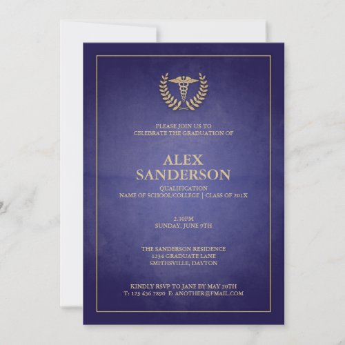 Simple Navy and Gold Medical Caduceus Graduation Invitation