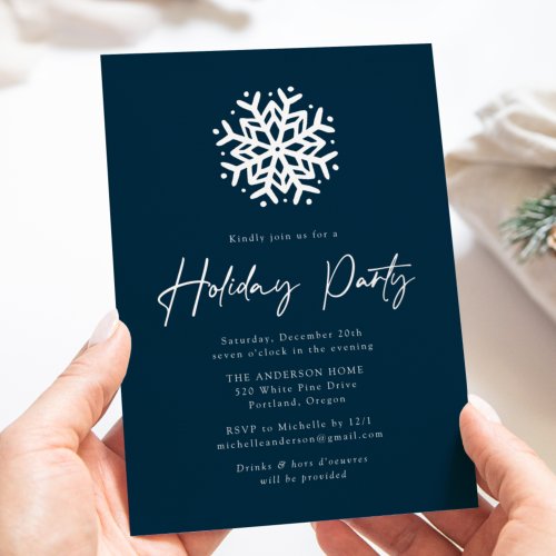 Simple Navy and Silver Snowflake Holiday Party Foil Invitation