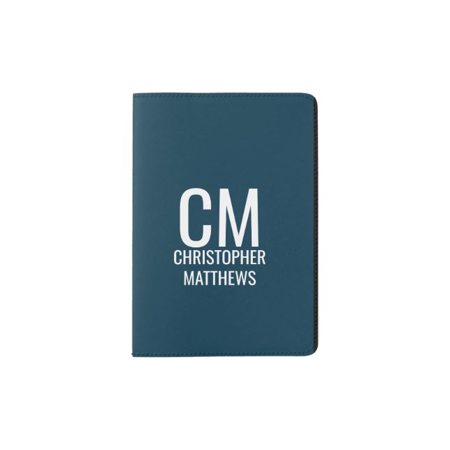Simple Navy And White Masculine Monogram Passport Holder (Front)