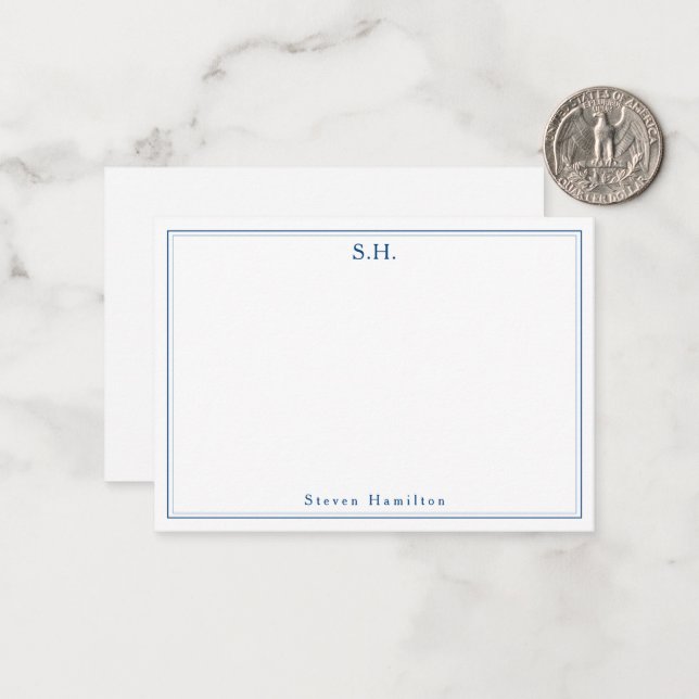 Simple Navy Blue 2 Monogram Name Minimal Border Note Card (Front/Back In Situ)
